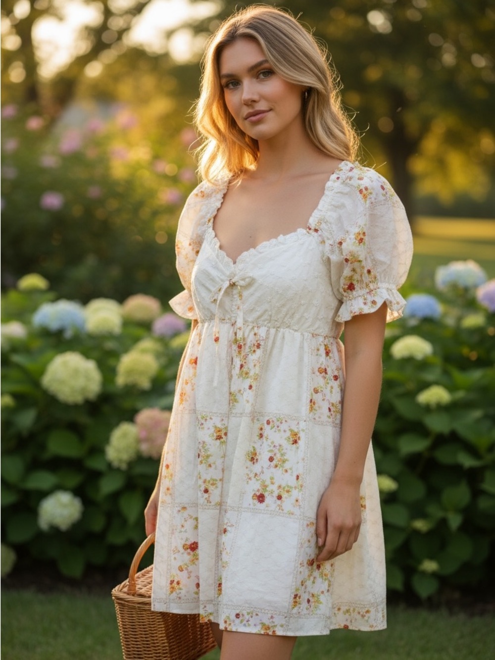 Blu Pepper CottageCore Feminine Ivory Floral Puff-Sleeve Mini Dress size L